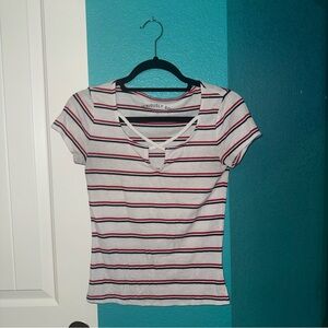 Aeropostale White and Red Striped V-Neck Tee